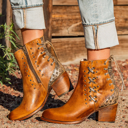 FREEBIRD women's Columbia wheat two-toned leather bootie with laser cut back panel detailing, adjustable back leather lacing and lifted heel