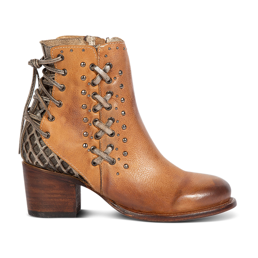 FREEBIRD women's Columbia wheat two-toned leather bootie with laser cut back panel detailing, adjustable back leather lacing and lifted heel
