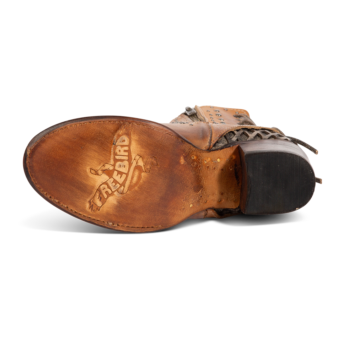 Leather sole imprinted with FREEBIRD on women's Columbia wheat leather bootie