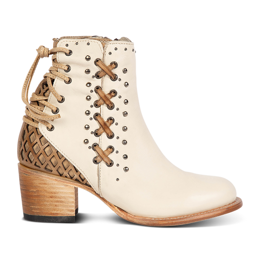 FREEBIRD women's Columbia white two-toned leather bootie with laser cut back panel detailing, adjustable back leather lacing and lifted heel
