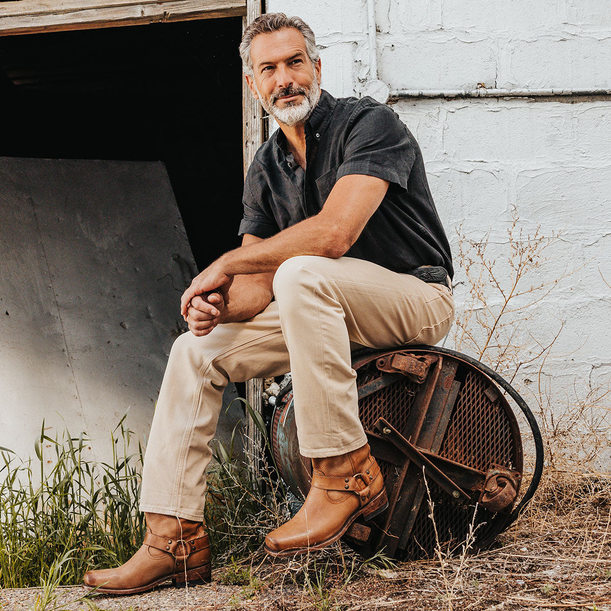 FREEBIRD men's Copperhead banana rock tumbled boot with ankle harness and square toe lifestyle