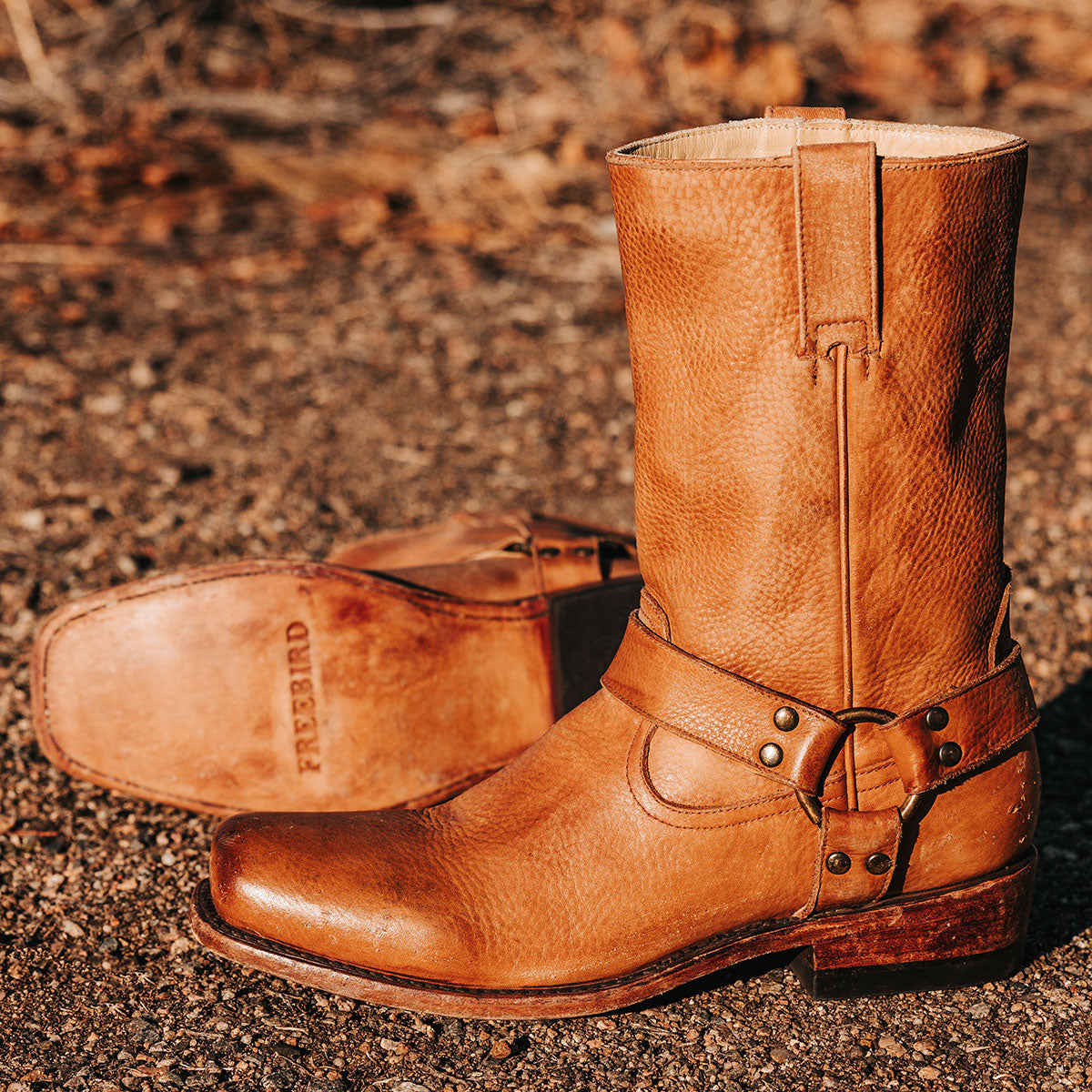 FREEBIRD men's Copperhead banana rock tumbled boot with ankle harness and square toe