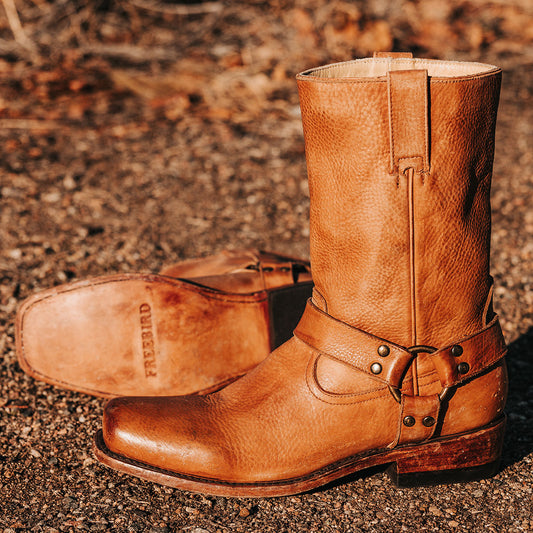 FREEBIRD men's Copperhead banana rock tumbled boot with ankle harness and square toe
