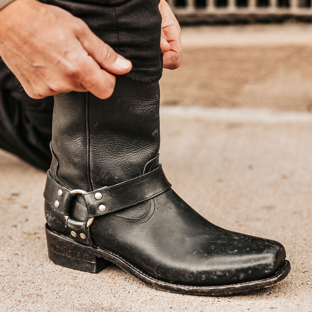 FREEBIRD men's Copperhead black rock tumbled boot with ankle harness and square toe