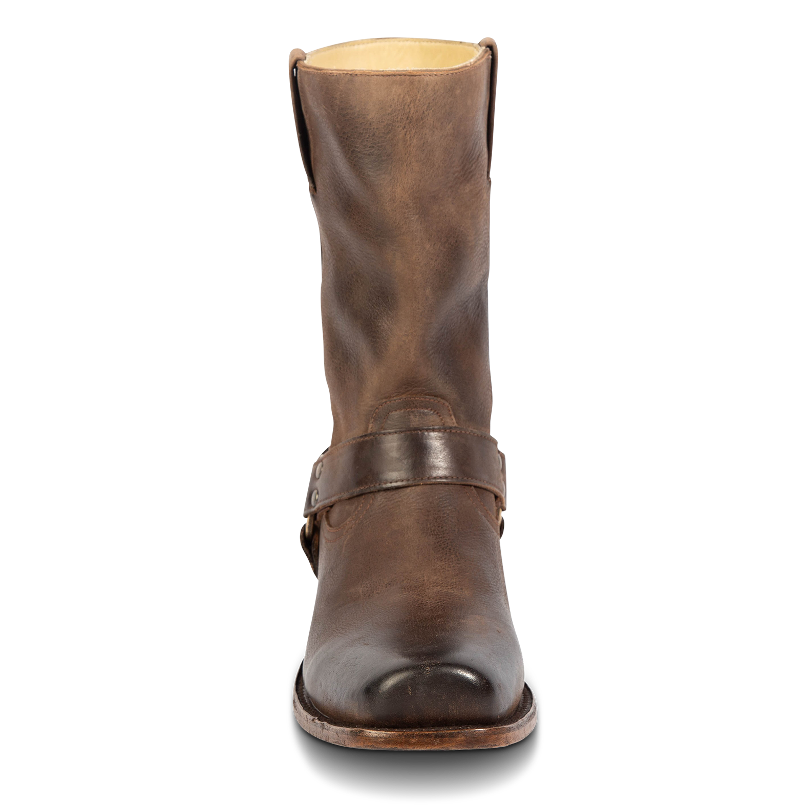 Front view showing distressed shaft and leather ankle harness on FREEBIRD men's Copperhead brown boot