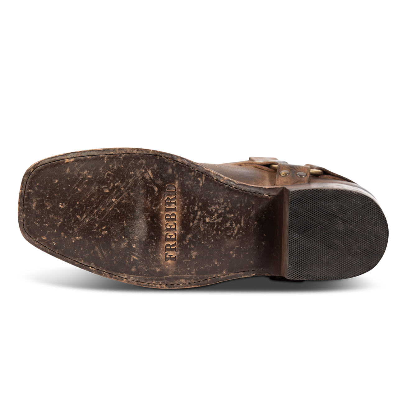 Leather sole imprinted with FREEBIRD on men's Copperhead brown boot