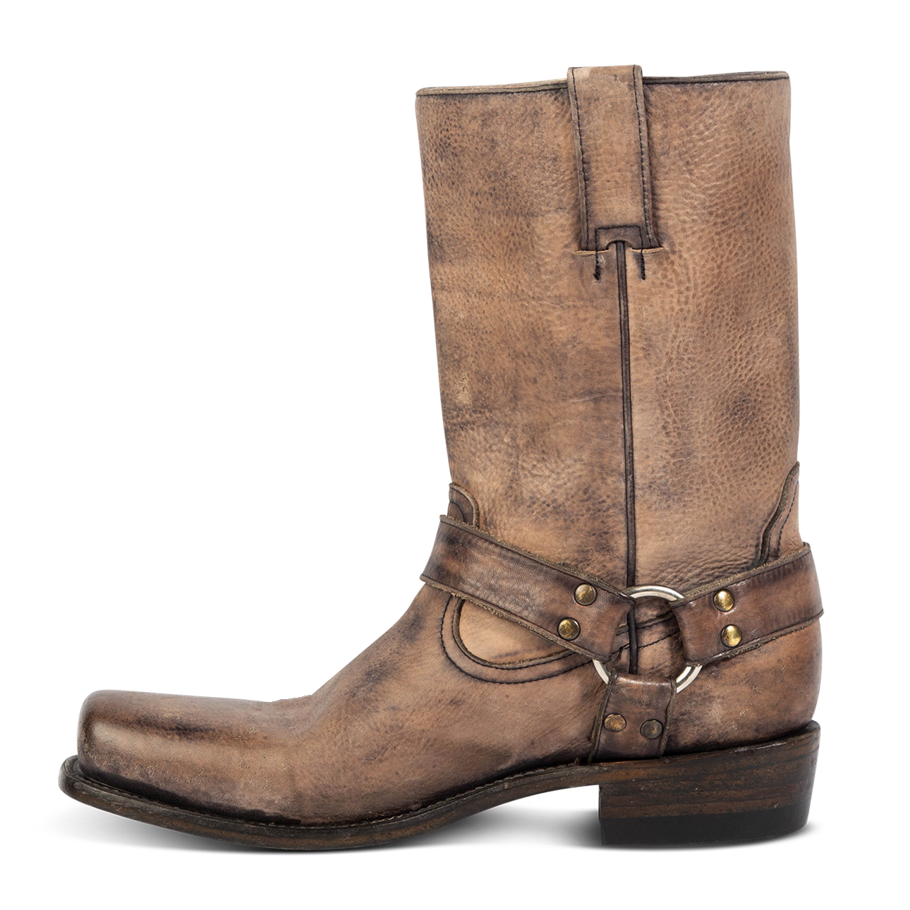 Inside view showing leather ankle harness with brass hardware on FREEBIRD men's Copperhead grey distressed boot
