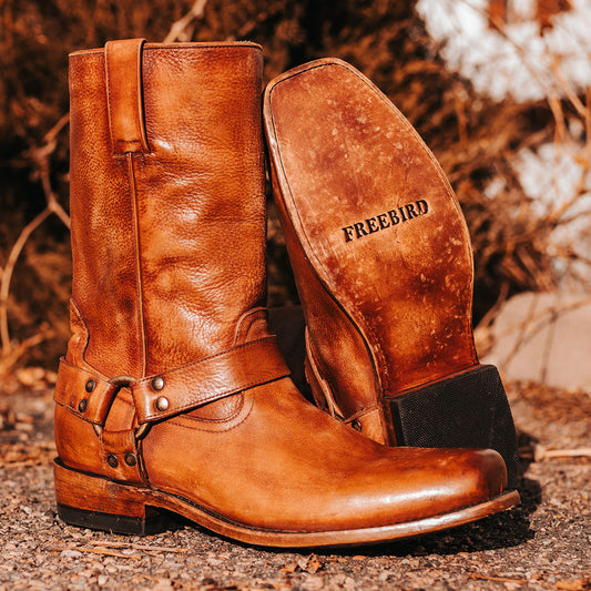 FREEBIRD men's Copperhead whiskey rock tumbled boot with ankle harness and square toe