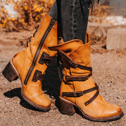 FREEBIRD women’s Cora tan slouchy back lacing leather boot with adjustable straps and buckles