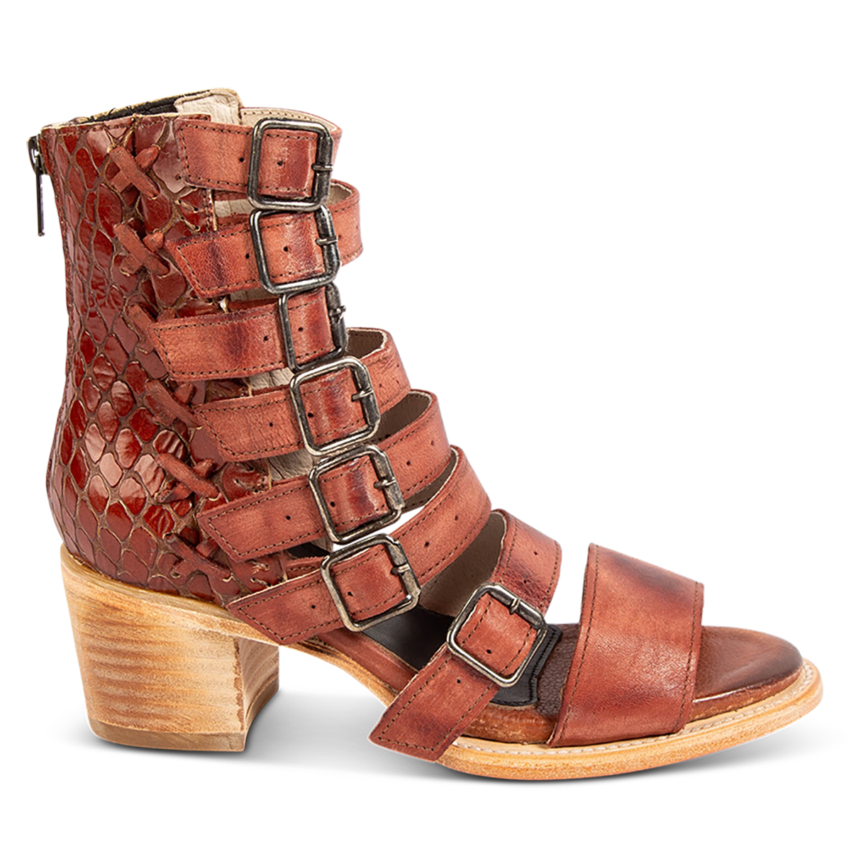 FREEBIRD women's Country rust snake multi embossed leather sandal with adjustable leather straps, a working brass zipper and gore detailing