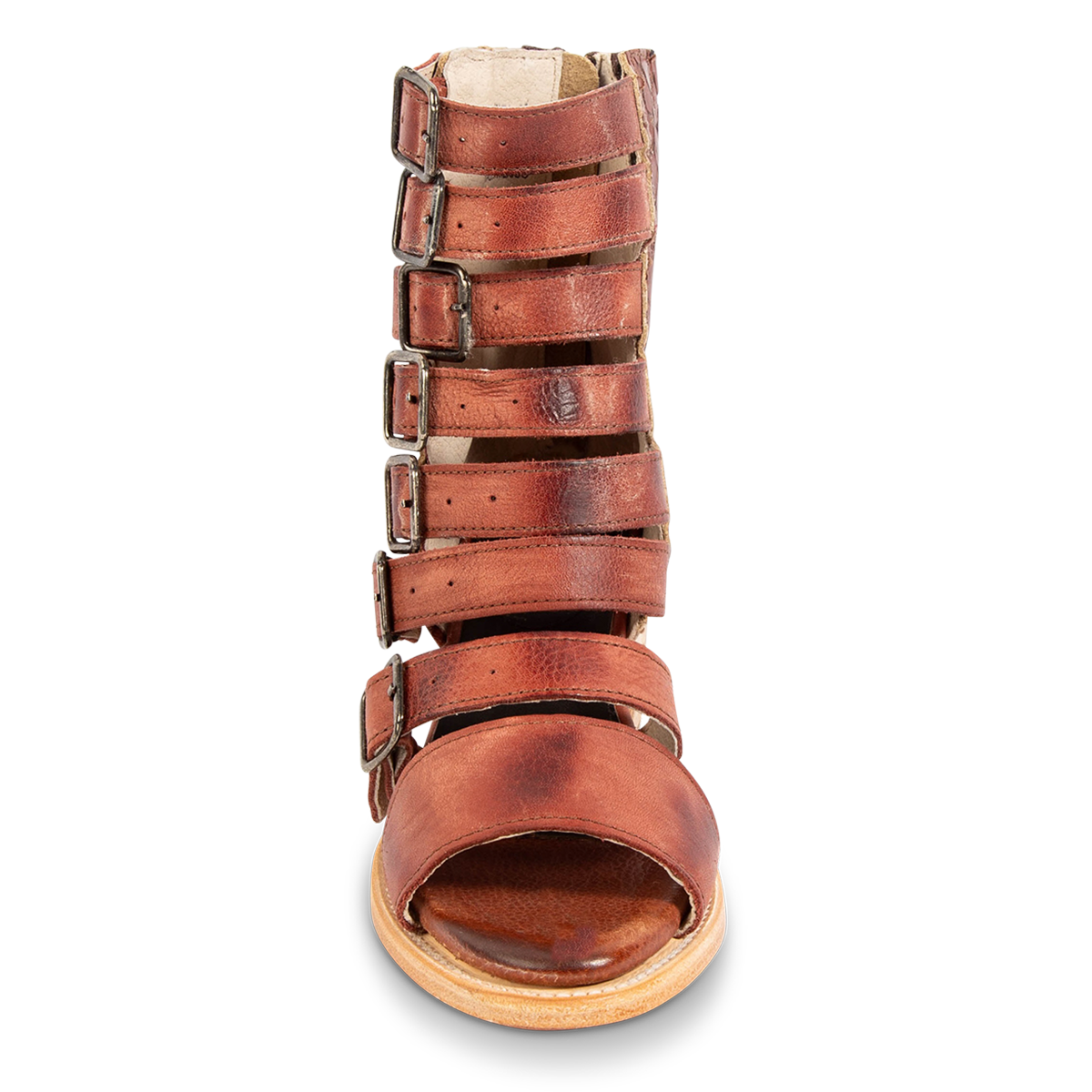 Front view showing FREEBIRD women's Country rust snake multi embossed leather sandal with an open toe and adjustable leather straps