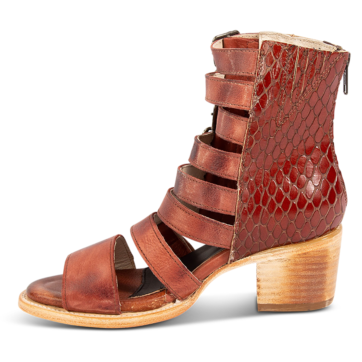 Inside view showing FREEBIRD women's Country rust snake multi embossed leather sandal with gore detailing and adjustable leather straps