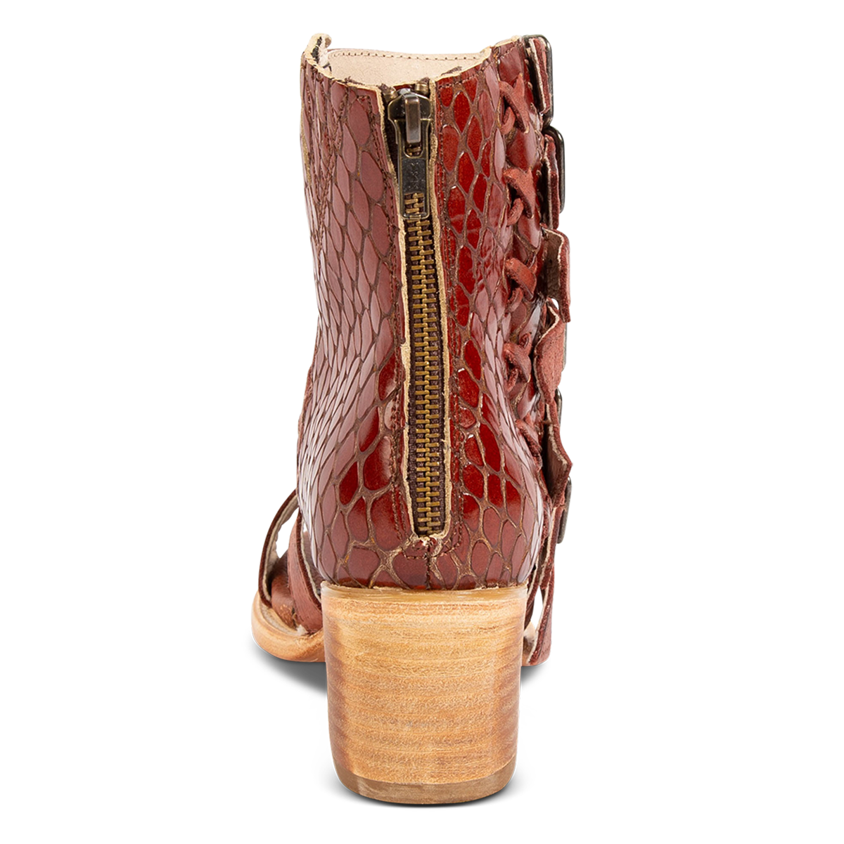 Back view showing a stacked heel and a working brass zipper on FREEBIRD women's Country rust snake multi embossed leather sandal