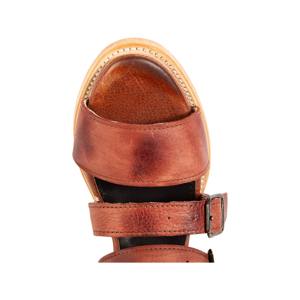 Top view showing open toe construction on FREEBIRD women's Country rust snake multi embossed leather sandal