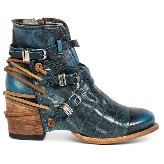 CRUE Blue Multi leather backlace booties with two-texture leather, decorative buckled straps, and side zippers.