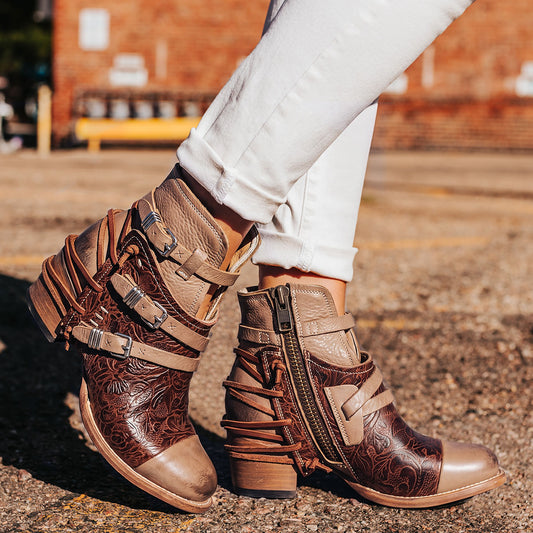 CRUE clay Multi leather back lace booties with two-texture leather, decorative buckled straps, and inside zippers