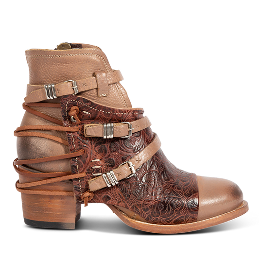 CRUE clay Multi leather back lace booties with two-texture leather, decorative buckled straps, and inside zippers