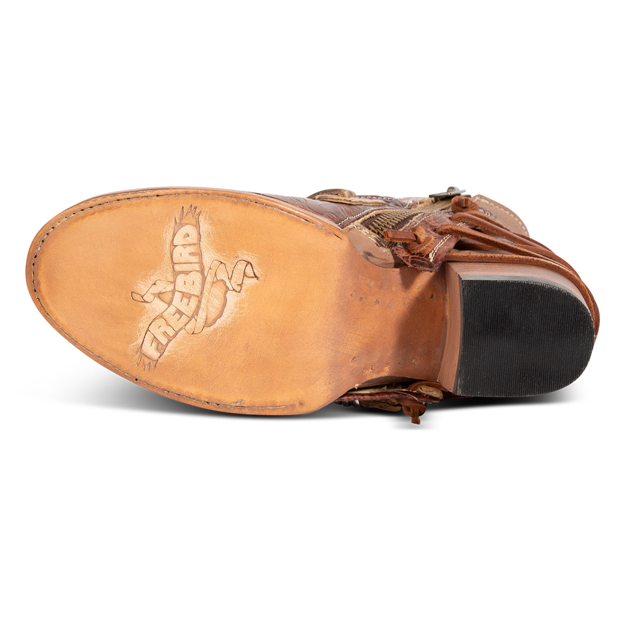 Freebird CRUE clay Multi leather booties featuring a plunging front dip, back lacing, and buckle straps.