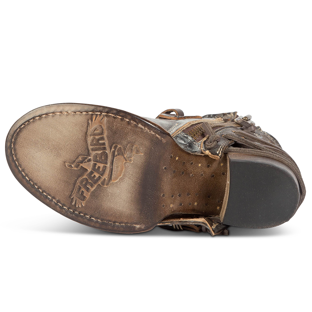 Freebird CRUE graphite Multi leather booties featuring a plunging front dip, back lacing, and buckle straps.
