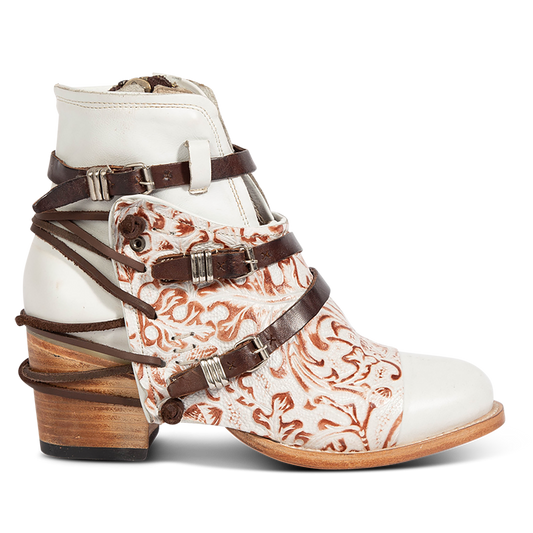 Freebird CRUE White Multi leather booties featuring a plunging front dip, back lacing, and buckled straps.