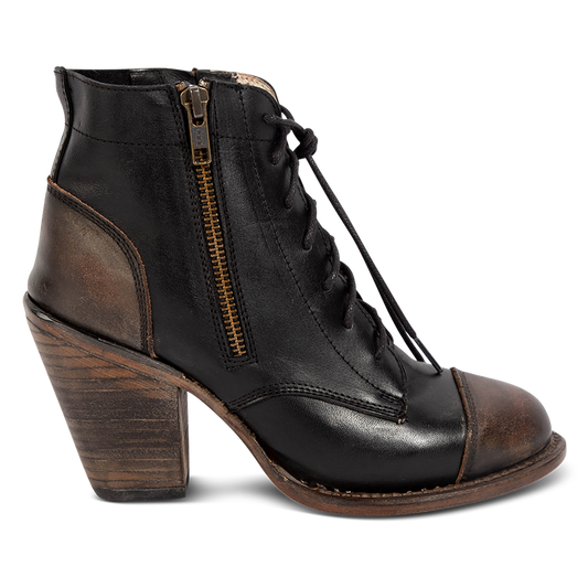 FREEBIRD women's Dame black multi leather bootie with an inside working zipper, front lie lacing and abstract leather detailing
