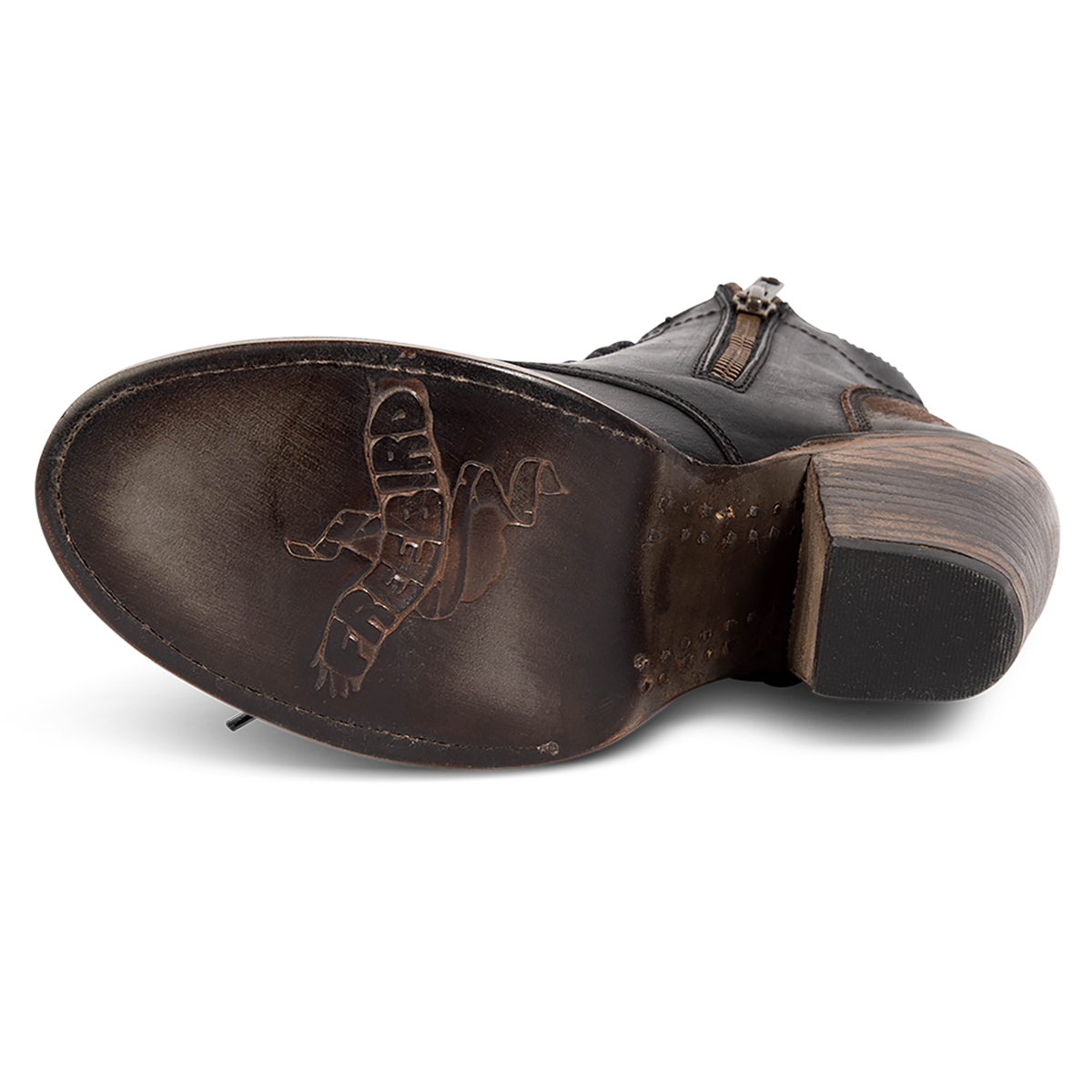 Leather sole imprinted with FREEBIRD on women's Dame black multi leather bootie