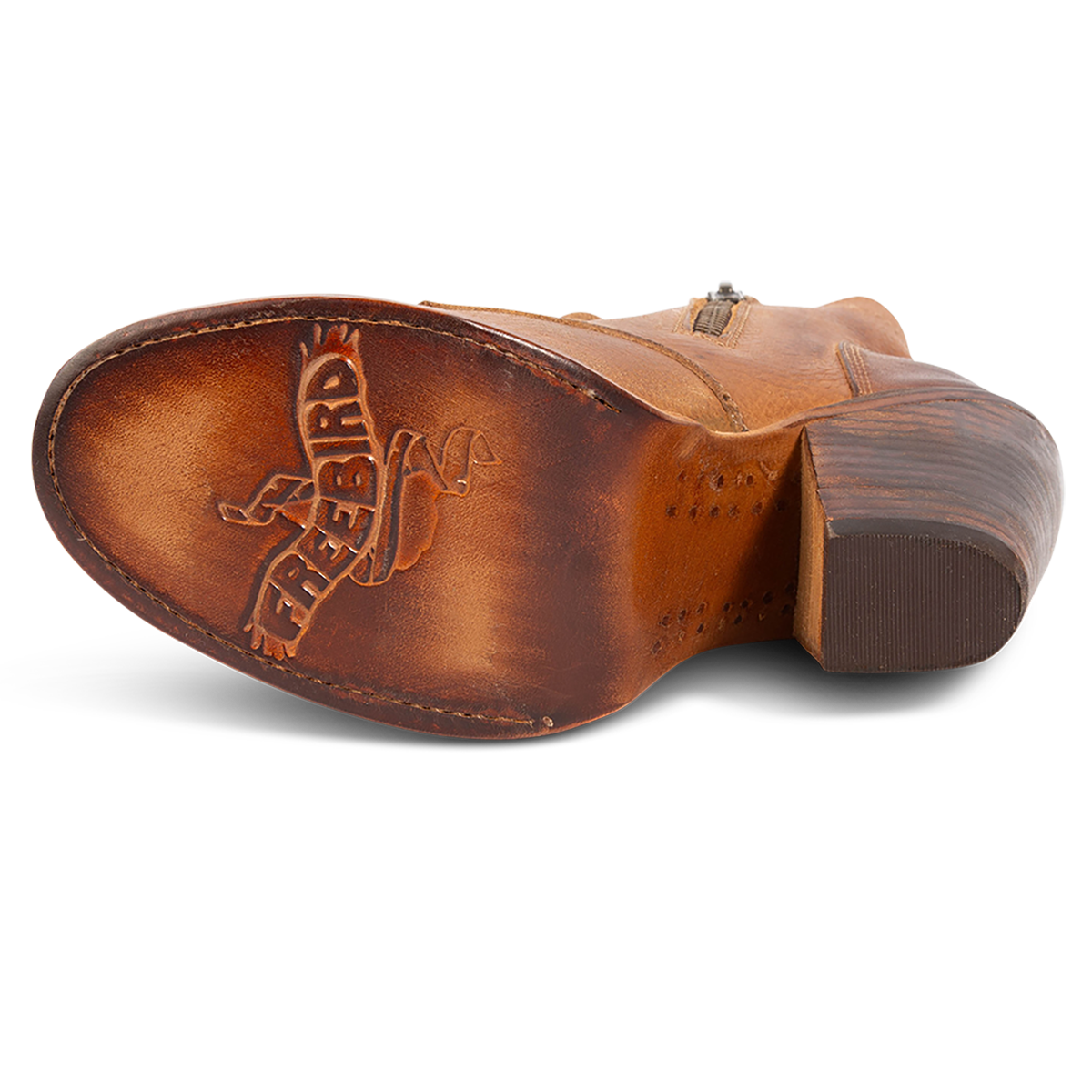 Leather sole imprinted with FREEBIRD on women's Dame wheat multi leather bootie