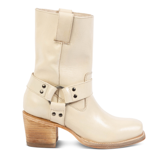 FREEBIRD women's Darcy beige leather boot with a studded ankle harness, leather pull straps, an inside zip closure and a square toe