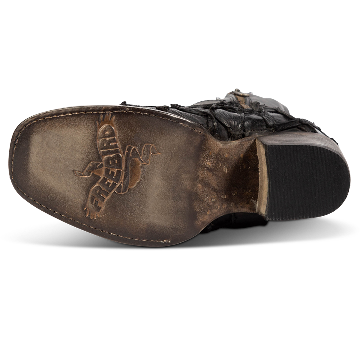 Leather sole imprinted with FREEBIRD on Darcy black multi fish leather bootie