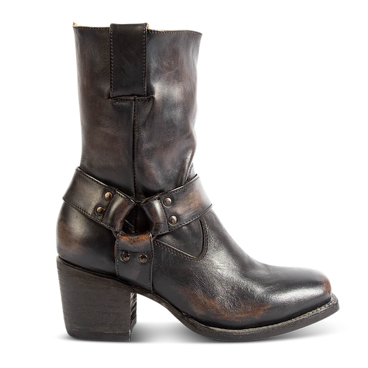 FREEBIRD women's Darcy black leather boot with a studded ankle harness, leather pull straps, an inside zip closure and a square toe