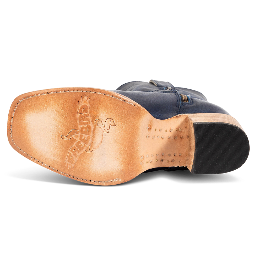 Leather sole imprinted with FREEBIRD on women's Darcy blue leather boot