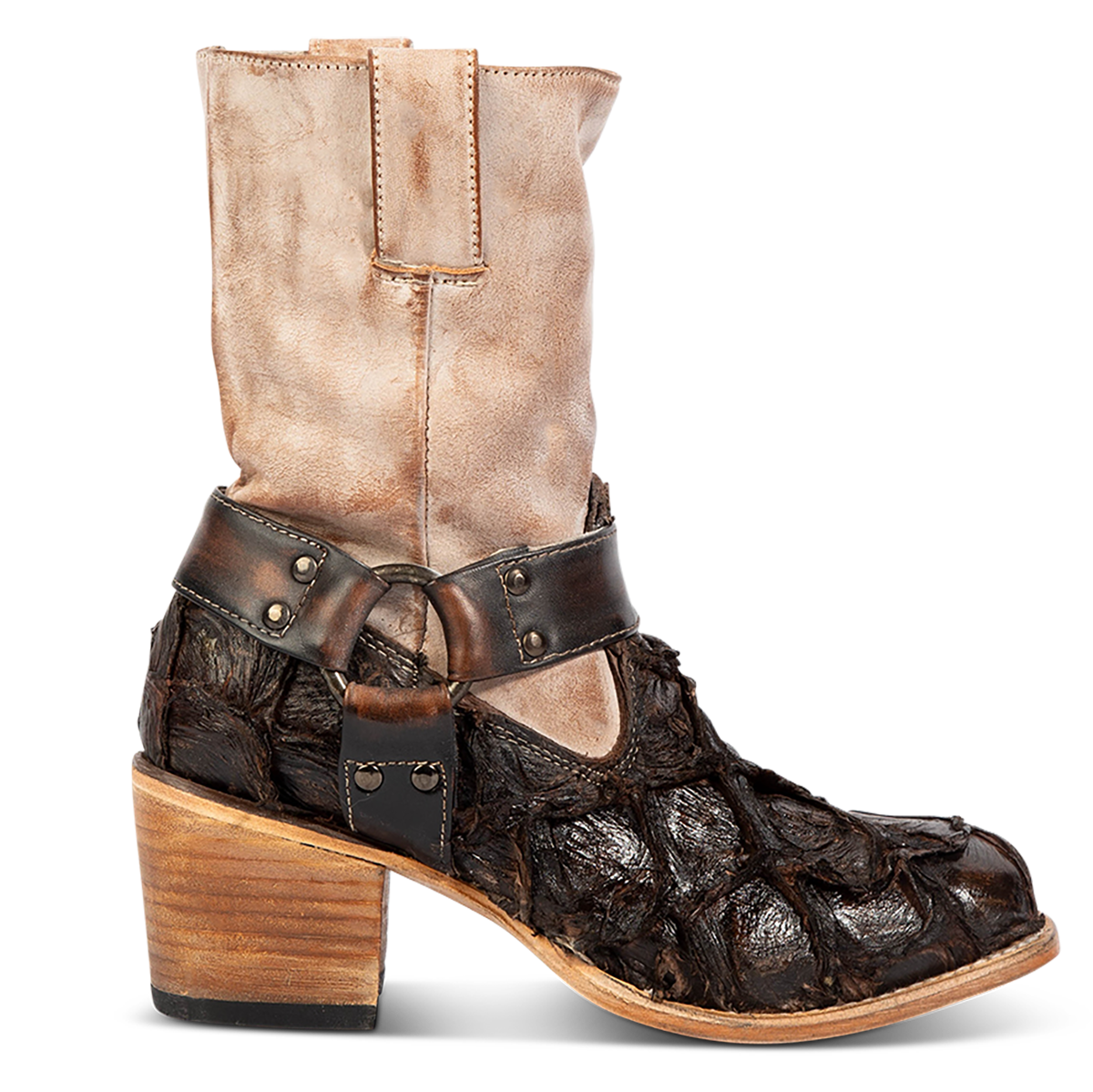 FREEBIRD women's Darcy taupe multi fish leather boot with a studded ankle harness, leather pull straps, an inside zip closure and a square toe