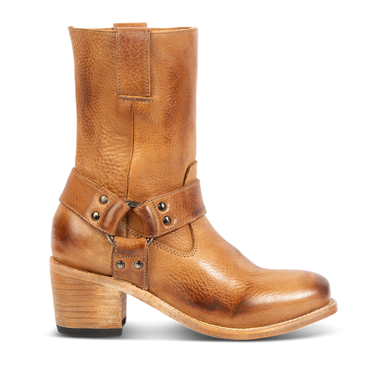FREEBIRD women's Darcy wheat leather boot with a studded ankle harness, leather pull straps, an inside zip closure and a square toe