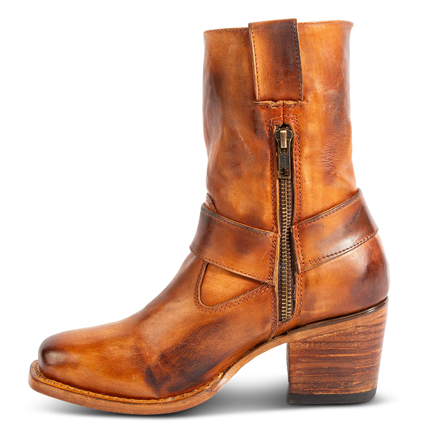 Inside view showing FREEBIRD women's Darcy whiskey boot with leather pull straps, inside zip closure, and square toe