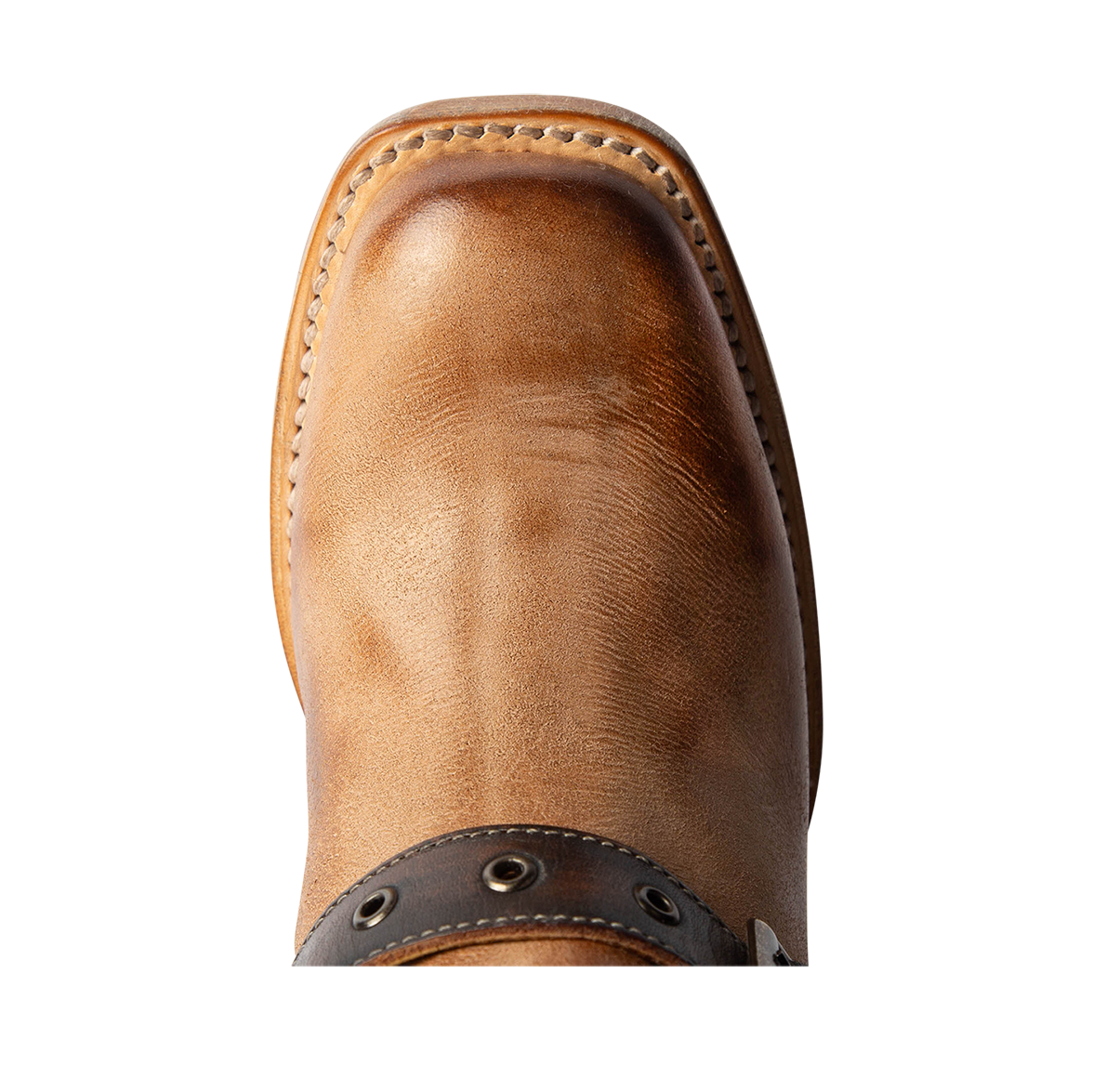 Top view showing square toe construction on FREEBIRD women's Derby beige leather boot