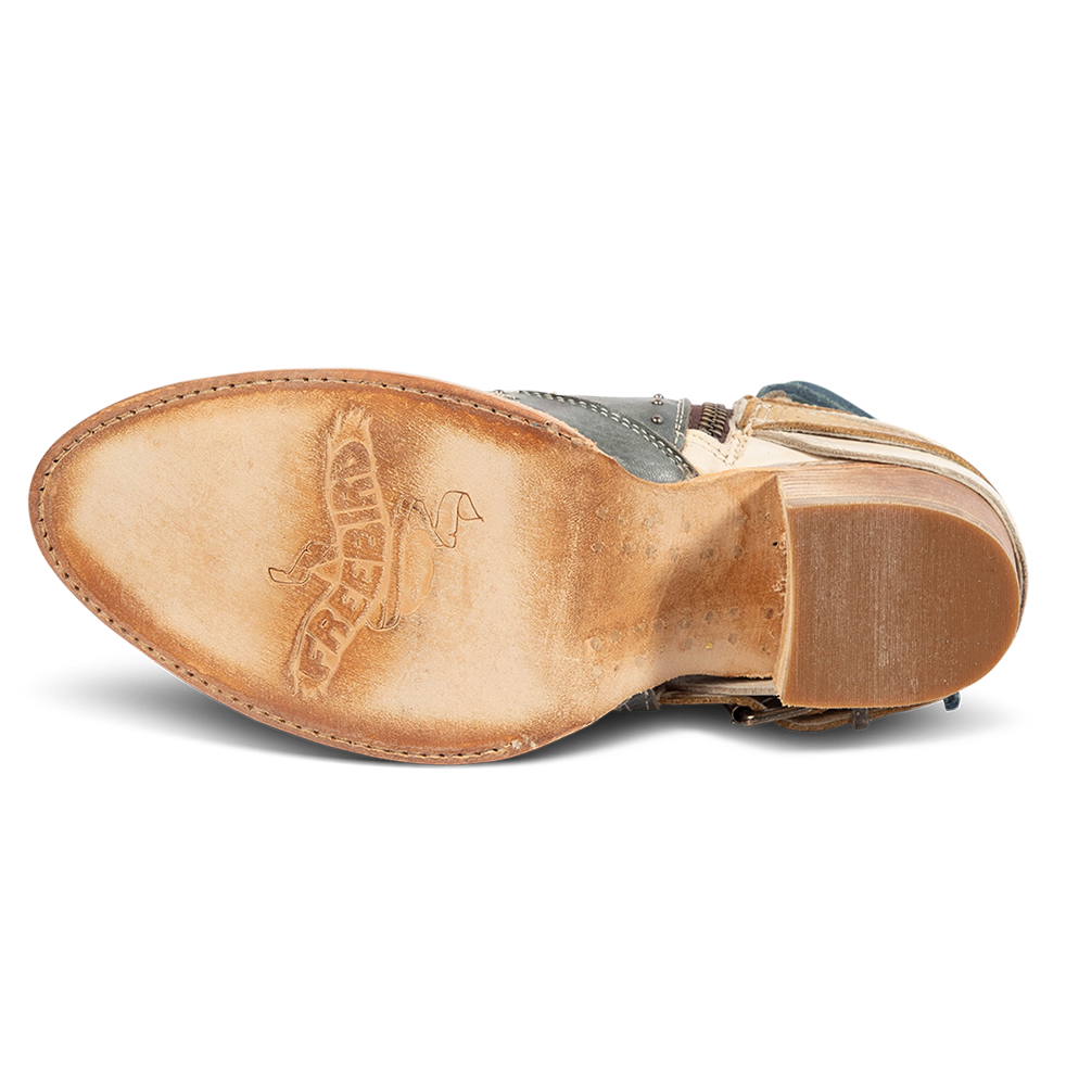 Leather sole imprinted with FREEBIRD on women's Desert blue bootie