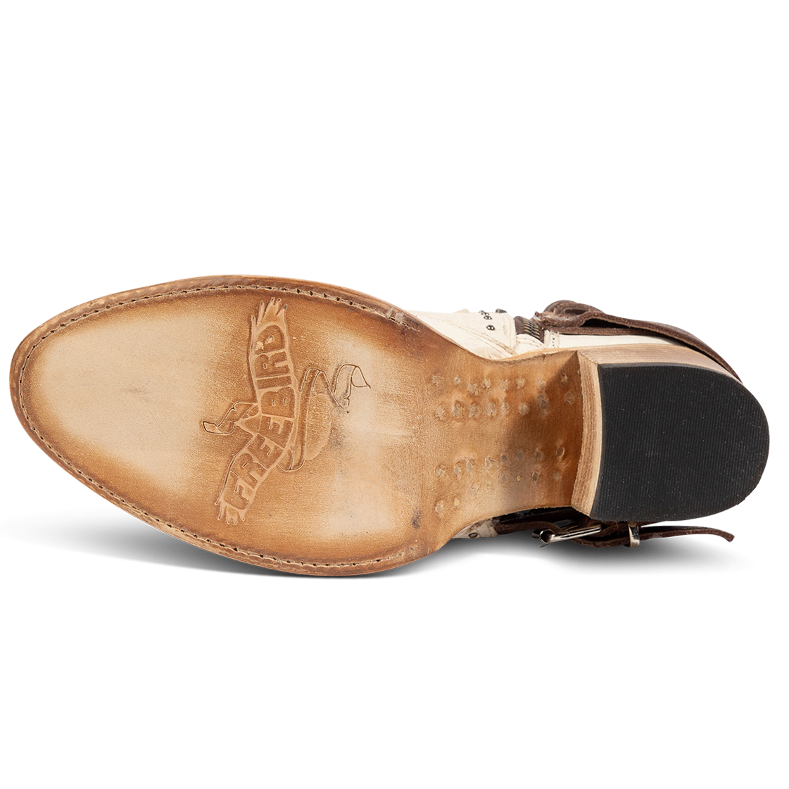 Leather sole imprinted with FREEBIRD on women's Desert white multi bootie