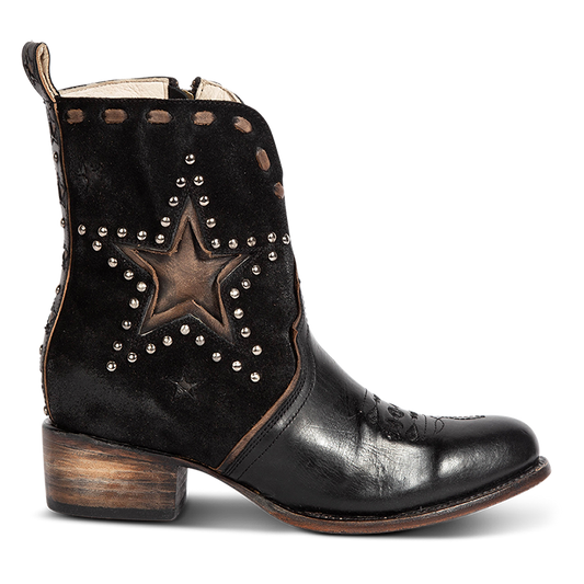 FREEBIRD women's Dolly black multi star overlay bootie with silver stud detailing, contrasting whipstitching, almond toe, and inside zip closure