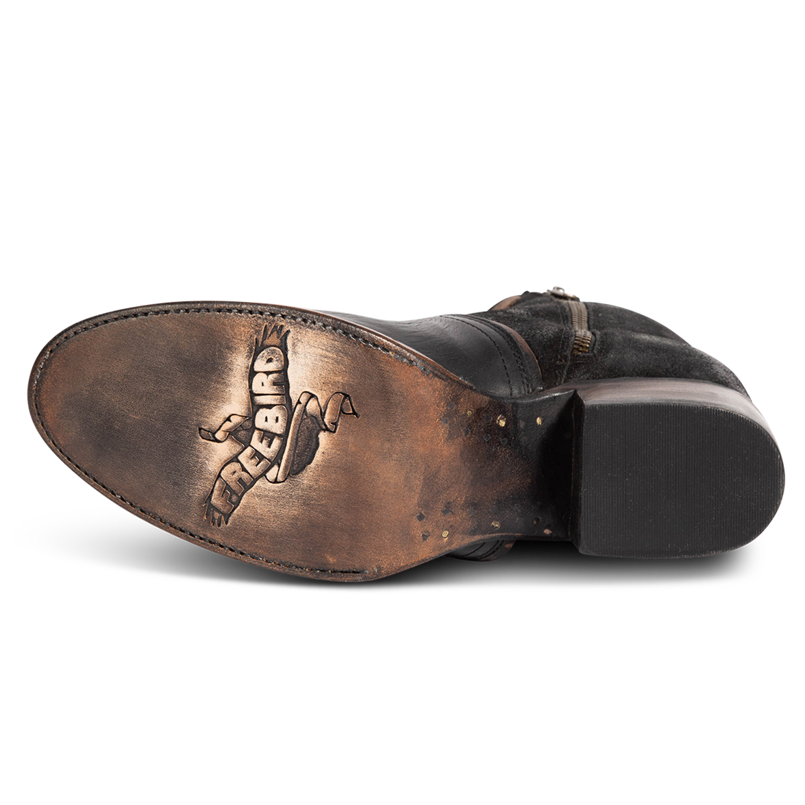 Leather sole imprinted with FREEBIRD on women's Dolly black multi low heeled bootie