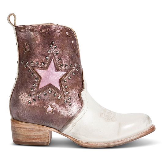 FREEBIRD women's Dolly pink multi star overlay bootie with silver stud detailing, contrasting whipstitching, almond toe, and inside zip closure