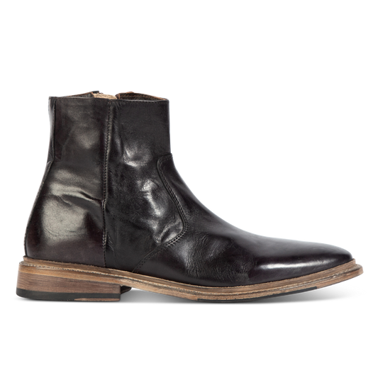 FREEBIRD men's Douglas black leather ankle boot with an almond toe, inside zip and low heel