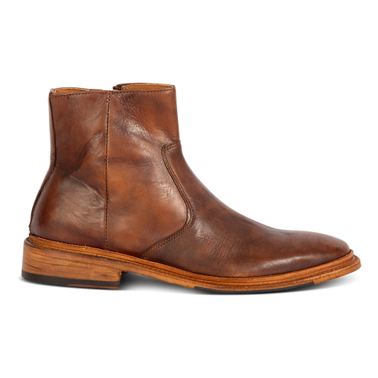 FREEBIRD men's Douglas cognac leather ankle boot with an almond toe, inside zip and low heel