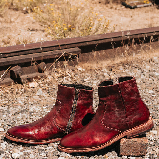 FREEBIRD men's Douglas wine leather ankle boot with an almond toe, inside zip and low heel