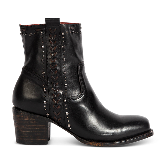 FREEBIRD Women's Duke black leather bootie with stud and whip stitch detailing, a full working inside zipper and square toe construction