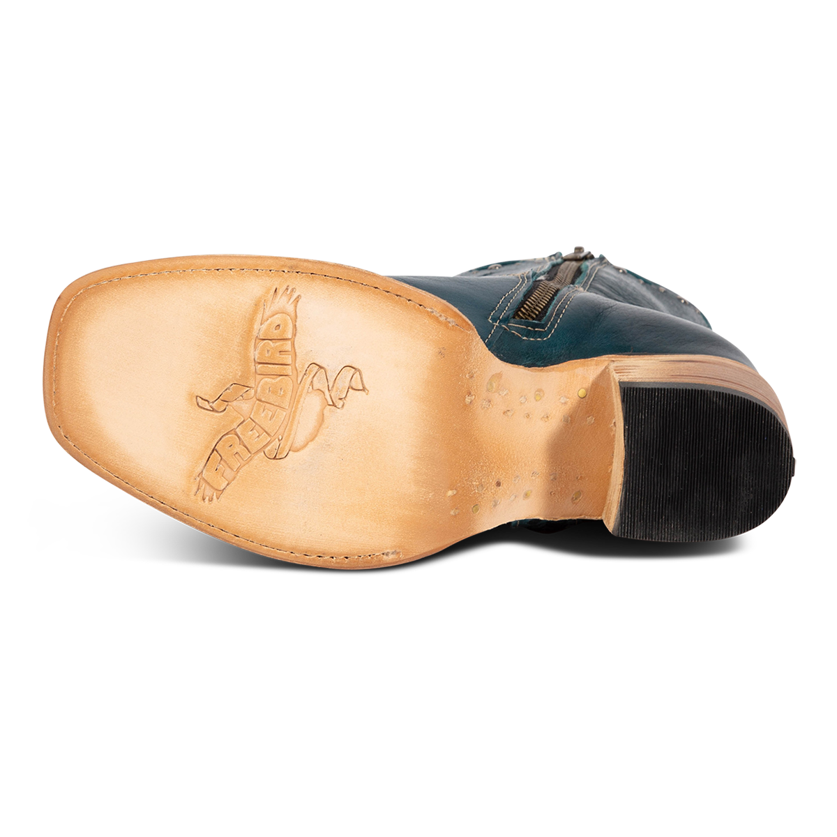 Leather sole imprinted with FREEBIRD on women's Duke blue leather mid heeled bootie