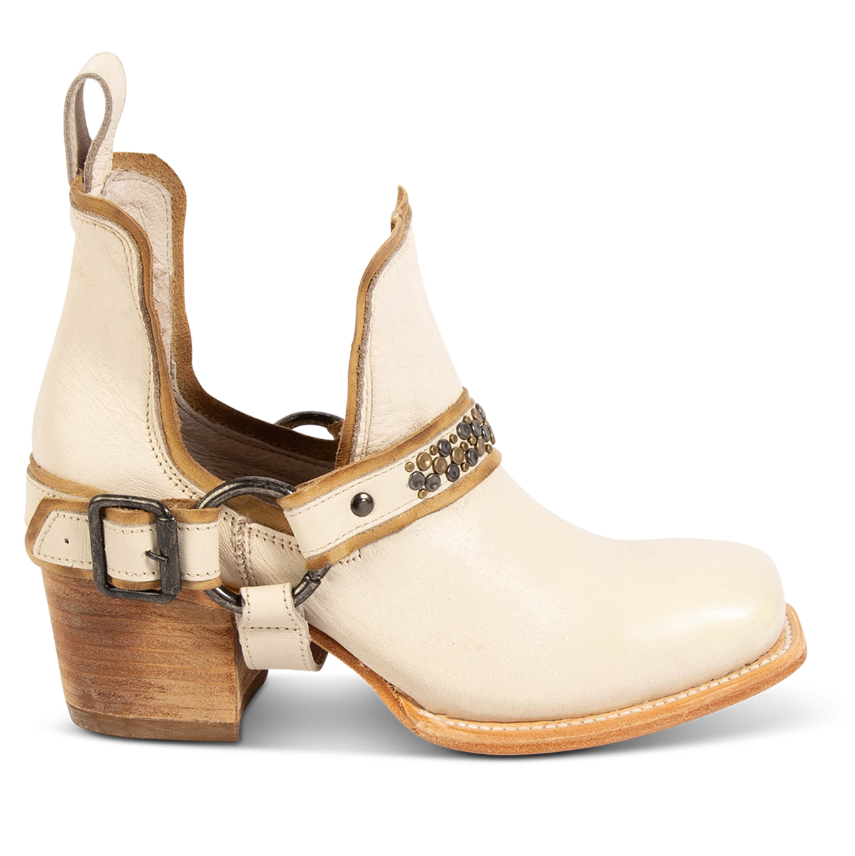 FREEBIRD women's Dusty off white bootie with studded embellishments, an ankle harness and a slip on leather pull strap