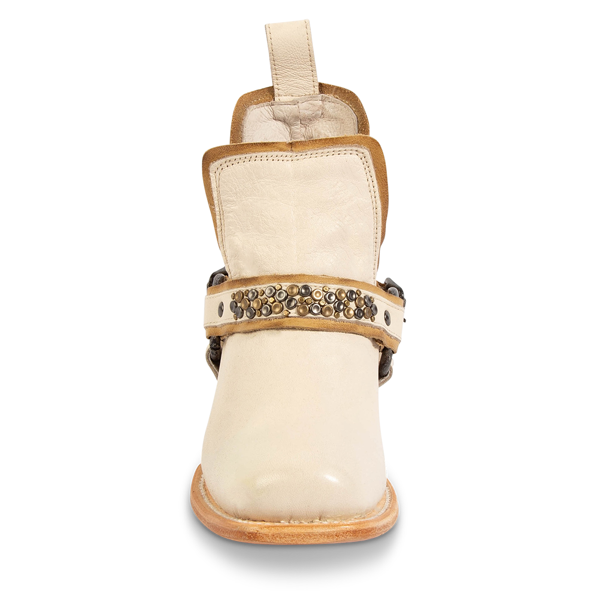 Front view showing FREEBIRD women's Dusty off white bootie with studded embellishments, an ankle harness and a slip on leather pull strap
