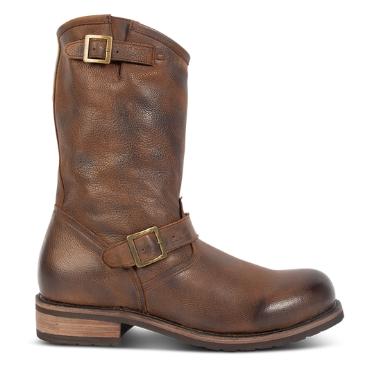 FREEBIRD men's Easton brown low heel tall boot with buckles