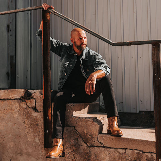 FREEBIRD men's Easton tan low heel tall boot with buckles lifestyle image