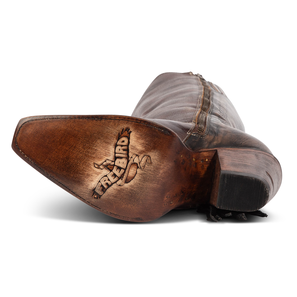 Leather sole imprinted with Freebird on women's FARRAH brown leather knee-high boot